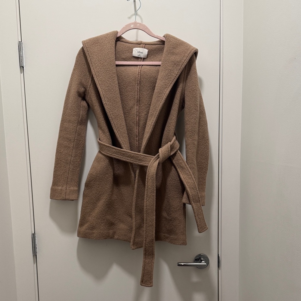 Wilfred Camel Brown Hooded Wool Blend Belted Coat